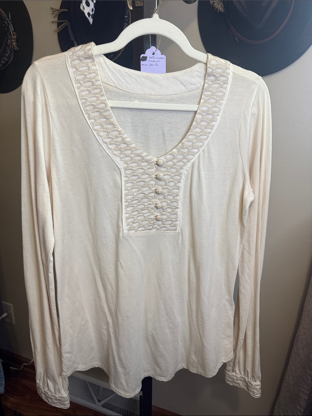 Lucky Brandy Vintage Classic Cream Long-Sleeve V-Neck Top with Lace Trim